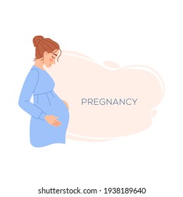 Pregnant woman banner isolated on white background. Flat happy smiling young mom expecting a baby hold pregnant belly. Pregnancy concept. Banner character design. Cartoon maternity vector illustration