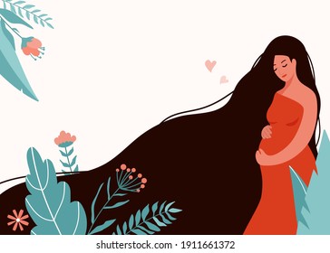 Pregnant woman banner vector illustration. Pregnancy, childbirth design concept with beautiful girl with long hair hugging her big belly and flower leaf elements. Isolated on white background.