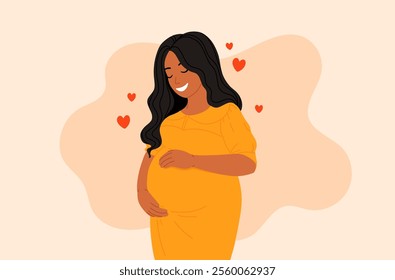 Pregnant woman banner. Young girl with big belly near heart and flowers leaves. Future mother and parenthood. Female reproductive system. Cartoon flat vector illustration