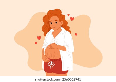 Pregnant woman banner. Young girl with big belly near heart and flowers leaves. Future mother and parenthood. Female reproductive system. Cartoon flat vector illustration