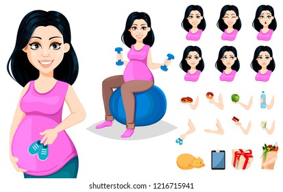 Pregnant woman. Beautiful lady prepares to be a mother. Cute cartoon character, pack of body parts, emotions and things. Build your personal design. Vector illustration isolated.