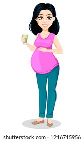 Pregnant woman. Beautiful lady prepares to be a mother. Cute cartoon character holds a glass of smoothie. Vector illustration isolated on white background