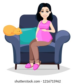 Pregnant woman. Beautiful lady prepares to be a mother. Cute cartoon character sits on comfortable armchair and touches her belly. Vector illustration isolated on white background