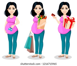 Pregnant woman. Beautiful lady prepares to be a mother, set of three poses. Cute cartoon character holds baby shoes, holds shopping bags and holds gift box. Vector illustration.