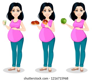 Pregnant woman. Beautiful lady prepares to be a mother, set of three poses. Cute cartoon character holds smoothie, holds croissants and holds green apple. Vector illustration.