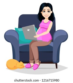 Pregnant woman. Beautiful lady prepares to be a mother. Cute cartoon character sits on comfortable armchair and works on laptop. Vector illustration isolated on white background