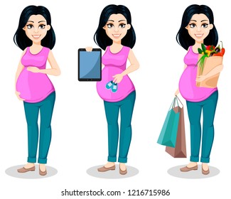 Pregnant woman. Beautiful lady prepares to be a mother, set of three poses. Cute cartoon character touches belly, holds tablet and holds shopping bags. Vector illustration.