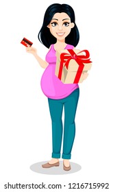 Pregnant woman. Beautiful lady prepares to be a mother. Cute cartoon character holds credit card and gift box. Vector illustration isolated on white background