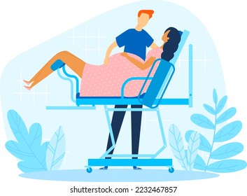 Pregnant woman at bed, family man and woman couple at hospital, vector illustration. Gynecology cartoon health, pregnancy