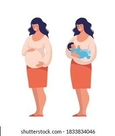 Pregnant woman before and after childbirth, cute standing character for maternity and pregnancy design. Cartoon flat vector illustration isolated on white.