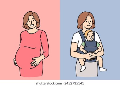 Pregnant woman before and after childbirth, puts hands on stomach or holds newborn baby in arms. Happy girl experiences happiness after childbirth and positive emotions from motherhood