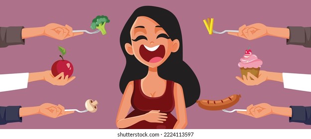 
Pregnant Woman Being Fed Healthy and Unhealthy Food Options. Insatiable girl craving many snacks during her pregnancy
