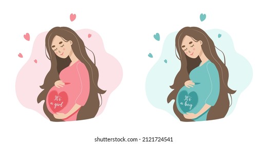 Pregnant woman with belly is expecting a baby, boy or girl. Gender of child. Young mother. Flat cartoon vector illustration isolated on white background.