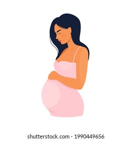 Pregnant woman with belly in hand drawn flat style. Vector stock illustration