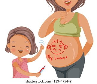  Pregnant woman belly and her daughter happy little girl drawing her brother on her mother's belly, hoping and waiting with love. happy family. Child hugs belly of pregnant mother.Vector illustrations