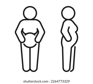 Pregnant woman with belly, line icon side and front. Prenatal period, pregnancy. Motherhood, parent in expecting baby. Black color linear sign. Vector