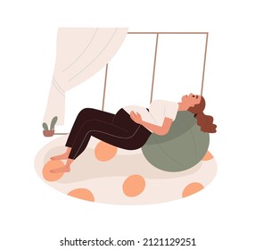 Pregnant woman with belly practicing breathing exercises on fitness ball. Prenatal yoga for back pain relief during pregnancy and contractions. Flat vector illustration isolated on white background.