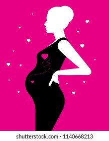 Pregnant woman. Pregnant belly. She marked the position of her heart and the heart of her child. Vector illustration.