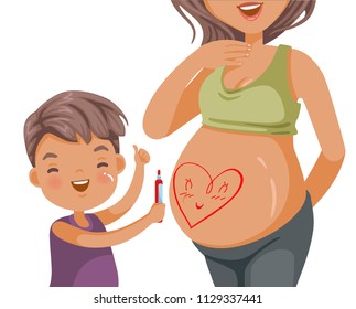 
 Pregnant woman belly and son happy excellent hand. little boy drawing heart smile on mother's belly, hoping and waiting with love. happy family. Child hugs belly of pregnant mother. Vector