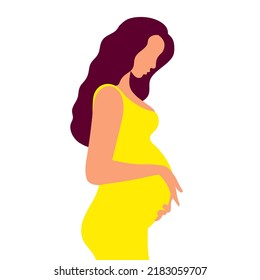 Pregnant woman with a big belly. Girl with long hair and in a dress. The joy of motherhood. Waiting for the birth of a child. Simple flat color vector illustration.