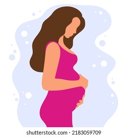 Pregnant woman with a big belly. Girl with long hair and in a dress. The joy of motherhood. Waiting for the birth of a child. Simple flat color vector illustration.
