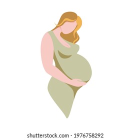 Pregnant woman with big belly in green dress isolated on white. Vector illustration.