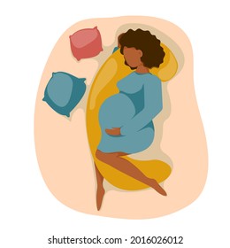 Pregnant woman with big belly sleeps on pregnancy pillow. Future mother healthy sleep concept. Flat design. Vector illustration.