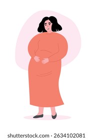 Pregnant woman with big belly waiting for baby to be born stands in full length dress. Vector flat graphic.