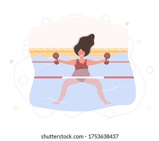 Pregnant woman in bikini in pool. Aqua fitness and aerobic. Healthy lifestyle. Young mother exercising in water with weights. Vector illustration in flat style. Cartoon character.