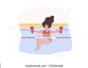 Pregnant woman in bikini in pool. Aqua fitness and aerobic. Healthy lifestyle. Young mother exercising in water with weights. Vector illustration in flat style. Cartoon character.