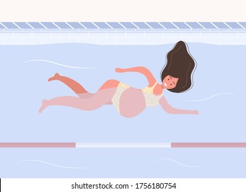 Mujer embarazada en bikini en piscina. El aquagym y el aerobic. Estilo de vida saludable. Madre joven nadando en el agua. Ilustración vectorial en estilo plano. Caricatura.