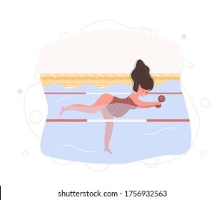 Pregnant woman in bikini in pool. Aqua fitness and aerobic. Healthy lifestyle. Young mother exercising in water with weights. Vector illustration in flat style. Cartoon character.