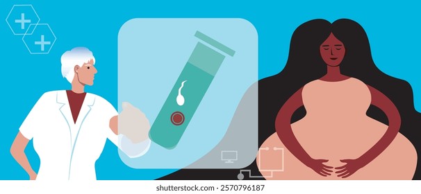 Pregnant woman or BIPOS single mother as a family planning concept using in vitro fertilization, flat vector stock illustration, technology consultation with doctor for IVF