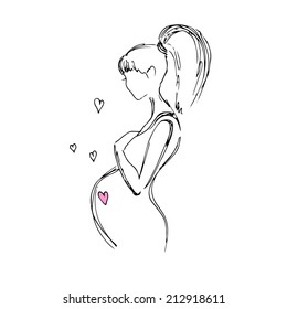 Pregnant Woman, Black And White Image Of Drawing Hands, Vector