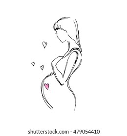 Pregnant Woman, Black And White Image Of Drawing Hands, Vector