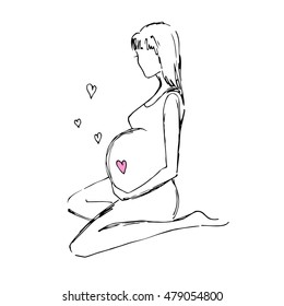 Pregnant woman, black and white image of drawing hands, vector