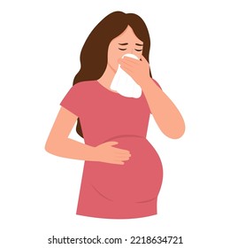 Pregnant woman  blowing nose into tissue, sneezing. Season allergy.Prevention against virus, infection.Vector illustration.