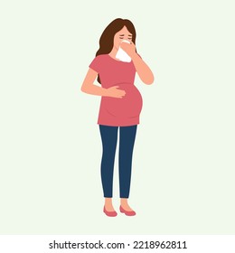 Pregnant woman  blowing nose into tissue, sneezing. Season allergy.Prevention against virus, infection.Vector illustration.