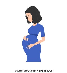 Pregnant woman in a blue dress isolated on white. Vector illustration.
