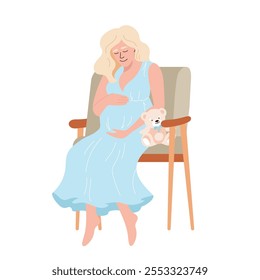 Pregnant woman in blue dress sitting in chair with teddy bear and stroking her baby bump, eagerly awaiting birth of long-awaited child. Happy mother with pregnancy belly flat vector design element