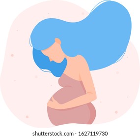 Pregnant woman with blue hair standing and holding her tummy. Pink and blue colors. Pregnancy. Stock flat modern vector illustration.