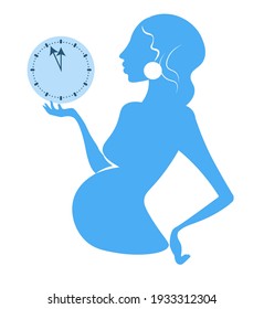 pregnant woman blue silhouette, with clock dial on hand and big abdomen, last pregnancy trimester, 36-40 week