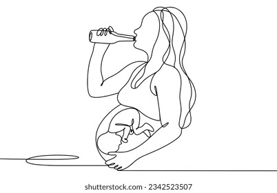 Pregnant woman with a bottle of alcohol. Negative effect on fetal development. International Fetal Alcohol Spectrum Disorders Awareness Day. One line drawing for different uses. Vector illustration.