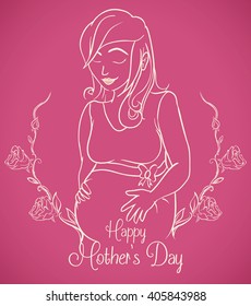 Pregnant Woman with bouquet of rouses around in in line style commemorating Mother's Day.