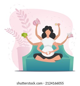 Pregnant woman in butterfly pose. The concept of motherhood and a healthy lifestyle. Cartoon style.