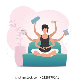 Pregnant woman in butterfly pose. The concept of motherhood and a healthy lifestyle. Vector flat illustration.