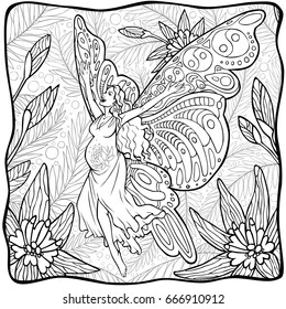 Pregnant woman with butterfly wings flying in flowers