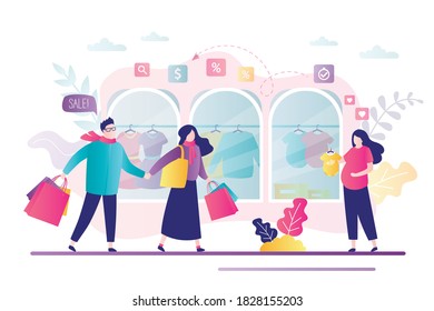 Pregnant woman buys clothes for baby. Love couple with shopping bags. Female and male character goes on shopping. Showcases with different clothes at discount. Trendy flat vector illustration