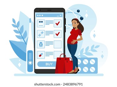 A pregnant woman buys medicines using an app on her phone. An application on a smartphone helps to manage pregnancy. Medical safety