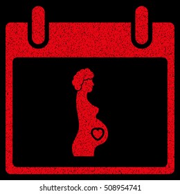 Pregnant Woman Calendar Day grainy textured icon for overlay watermark stamps. Flat symbol with dust texture. Dotted vector red ink rubber seal stamp with grunge design on a black background.